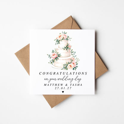 Wedding Card, congratulations pink white floral cake card with Kraft Envelope