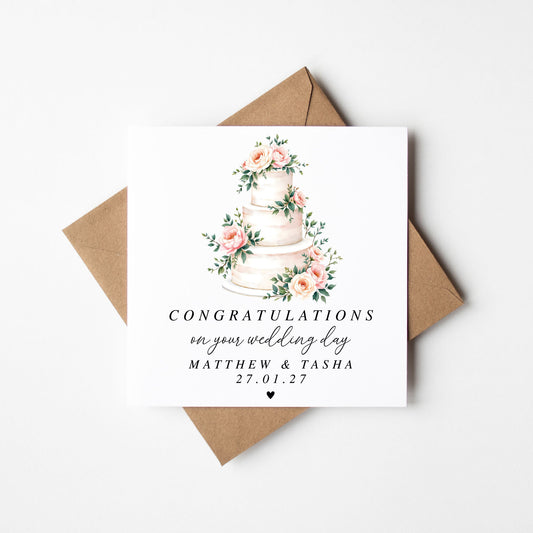 Wedding Card, congratulations pink white floral cake card with Kraft Envelope
