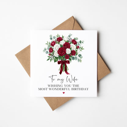 Roses Birthday card, to my wife, or husband, Eucalyptus floral bouquet card  (Envelope Included)