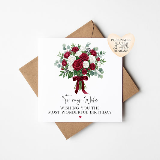 Roses Birthday card, to my wife, or husband, Eucalyptus floral bouquet card  (Envelope Included)