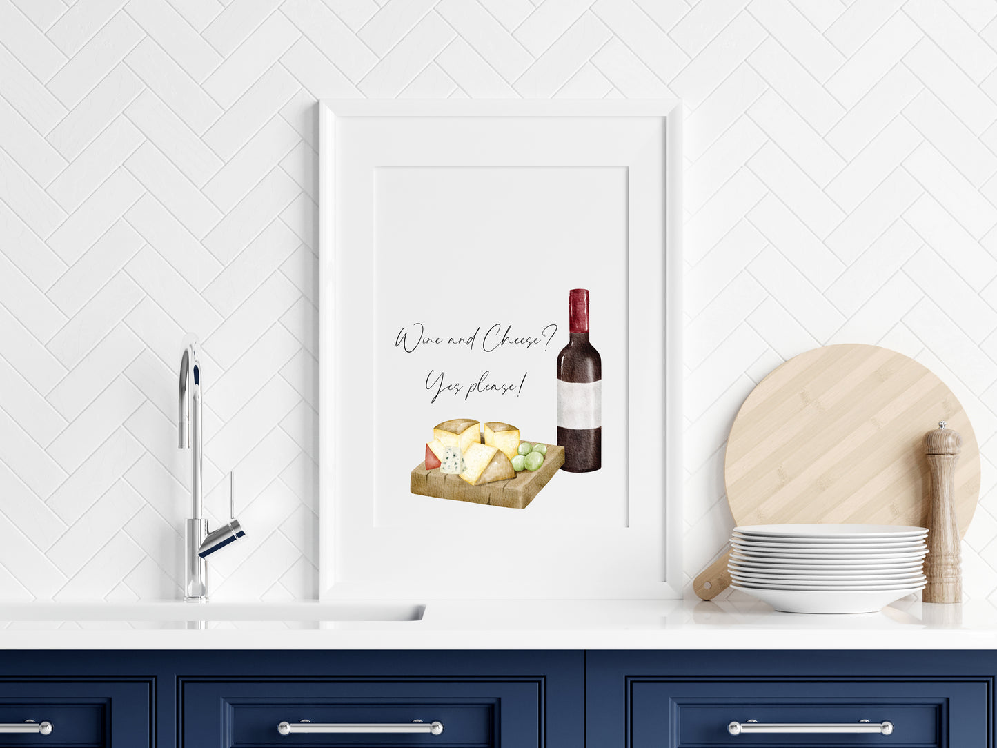 Wine and cheese yes please! kitchen watercolour funny illustration unframed wall art poster print