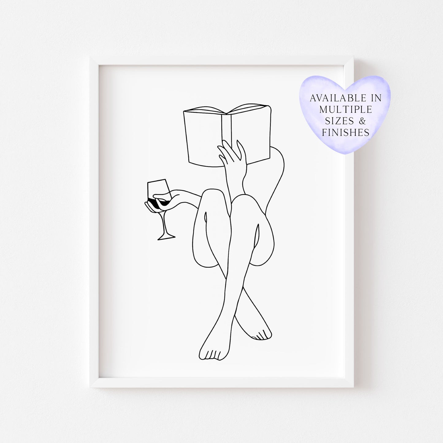 Wine & book woman line drawing office kitchen bedroom unframed wall art print, gift ideas, office decor, line drawing woman body bedroom art