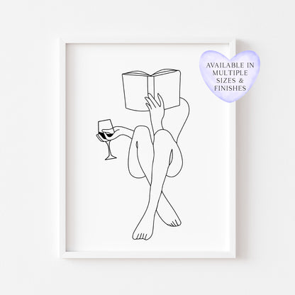 Wine & book woman line drawing office kitchen bedroom unframed wall art print, gift ideas, office decor, line drawing woman body bedroom art