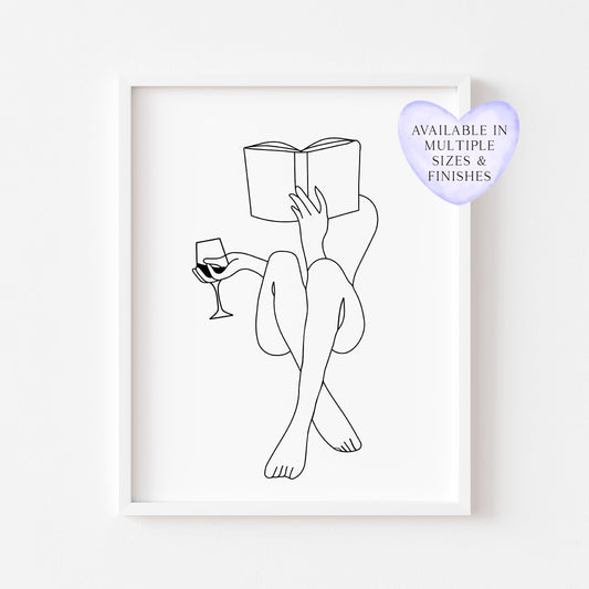 Wine & book woman line drawing office kitchen bedroom unframed wall art print, gift ideas, office decor, line drawing woman body bedroom art