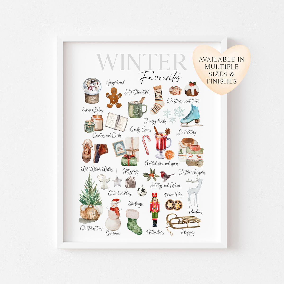 Christmas print, winter favourites, winter description xmas seasonal watercolour illustrationsunframed wall art poster print