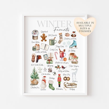 Christmas print, winter favourites, winter description xmas seasonal watercolour illustrationsunframed wall art poster print