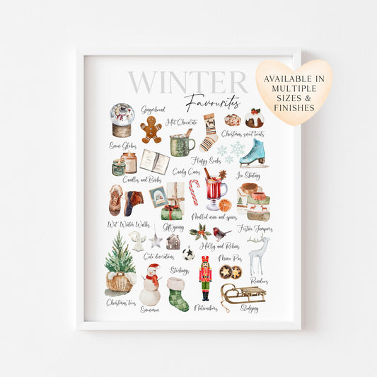 Christmas print, winter favourites, winter description xmas seasonal watercolour illustrationsunframed wall art poster print