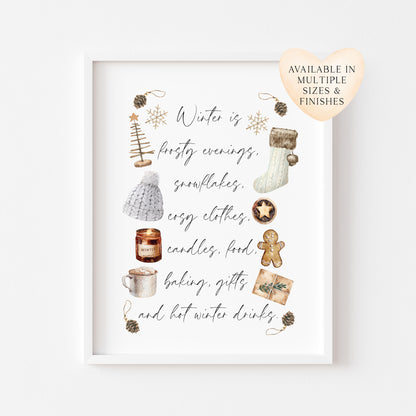 Winter Favourites, Christmas favourites, Xmas activities, watercolour winter seasonal unframed wall art poster print