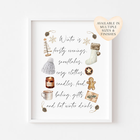 Winter Favourites, Christmas favourites, Xmas activities, watercolour winter seasonal unframed wall art poster print