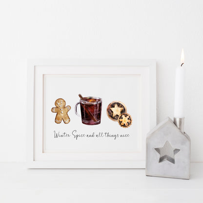 Winter Spice and all things nice watercolour christmas illustration seasonal unframed wall art poster print