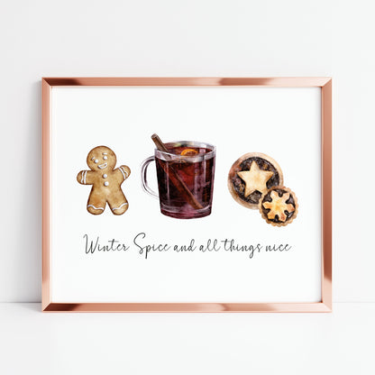Winter Spice and all things nice watercolour christmas illustration seasonal unframed wall art poster print