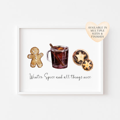 Winter Spice and all things nice watercolour christmas illustration seasonal unframed wall art poster print