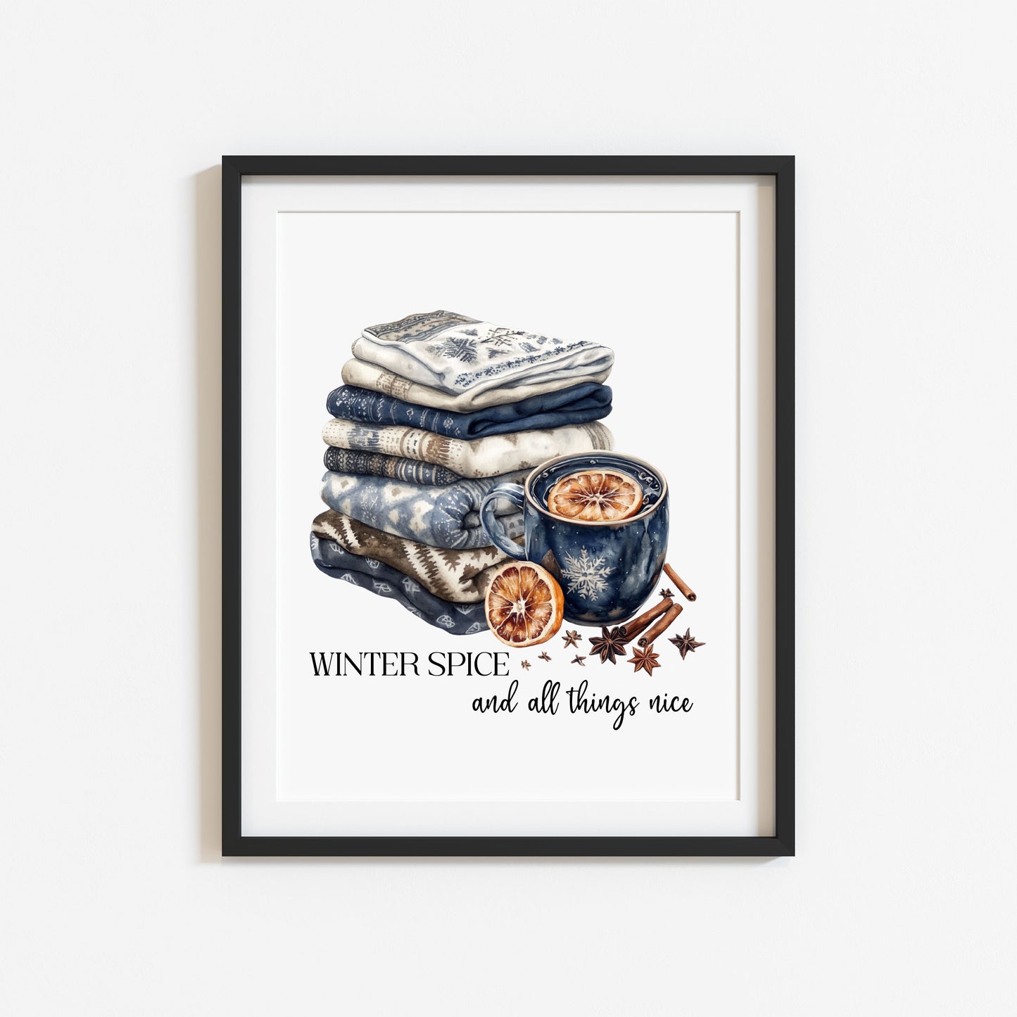Winter spice art Christmas Blue cosy knit Watercolour seasonal unframed wall art poster print