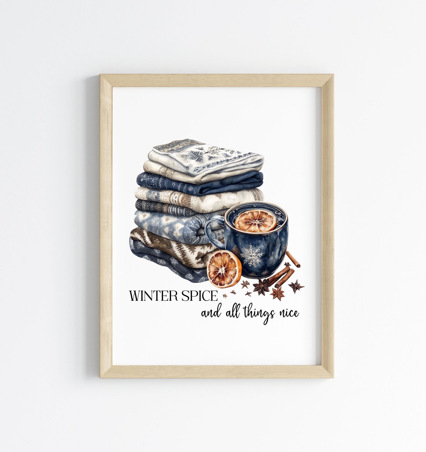 Winter spice art Christmas Blue cosy knit Watercolour seasonal unframed wall art poster print