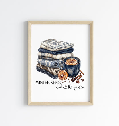 Winter spice art Christmas Blue cosy knit Watercolour seasonal unframed wall art poster print