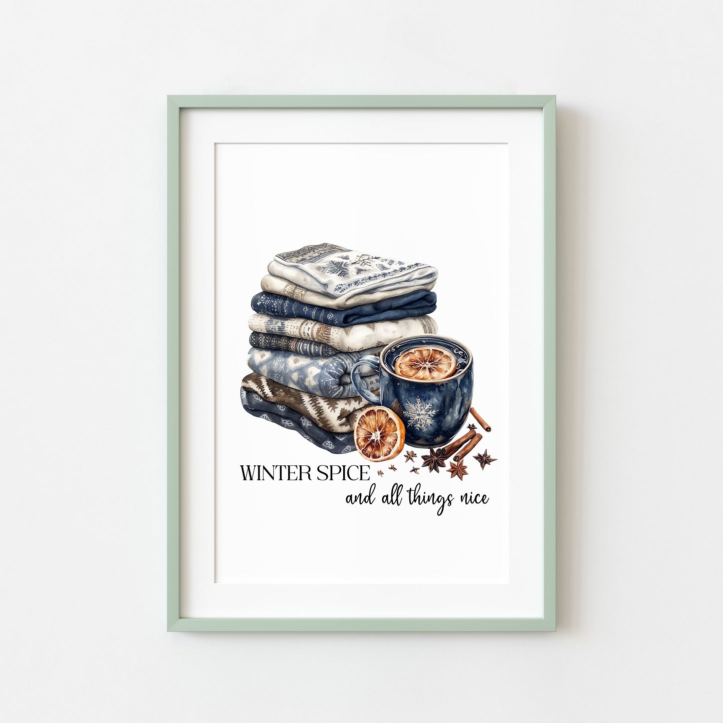 Winter spice art Christmas Blue cosy knit Watercolour seasonal unframed wall art poster print