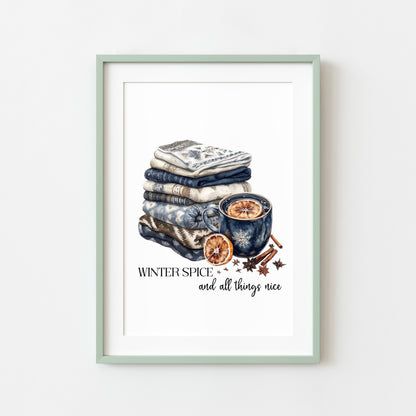 Winter spice art Christmas Blue cosy knit Watercolour seasonal unframed wall art poster print