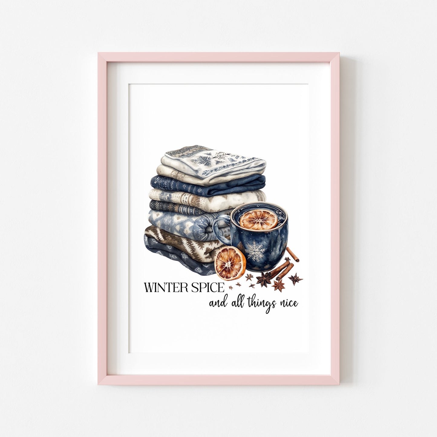 Winter spice art Christmas Blue cosy knit Watercolour seasonal unframed wall art poster print