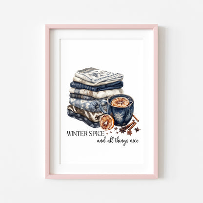 Winter spice art Christmas Blue cosy knit Watercolour seasonal unframed wall art poster print