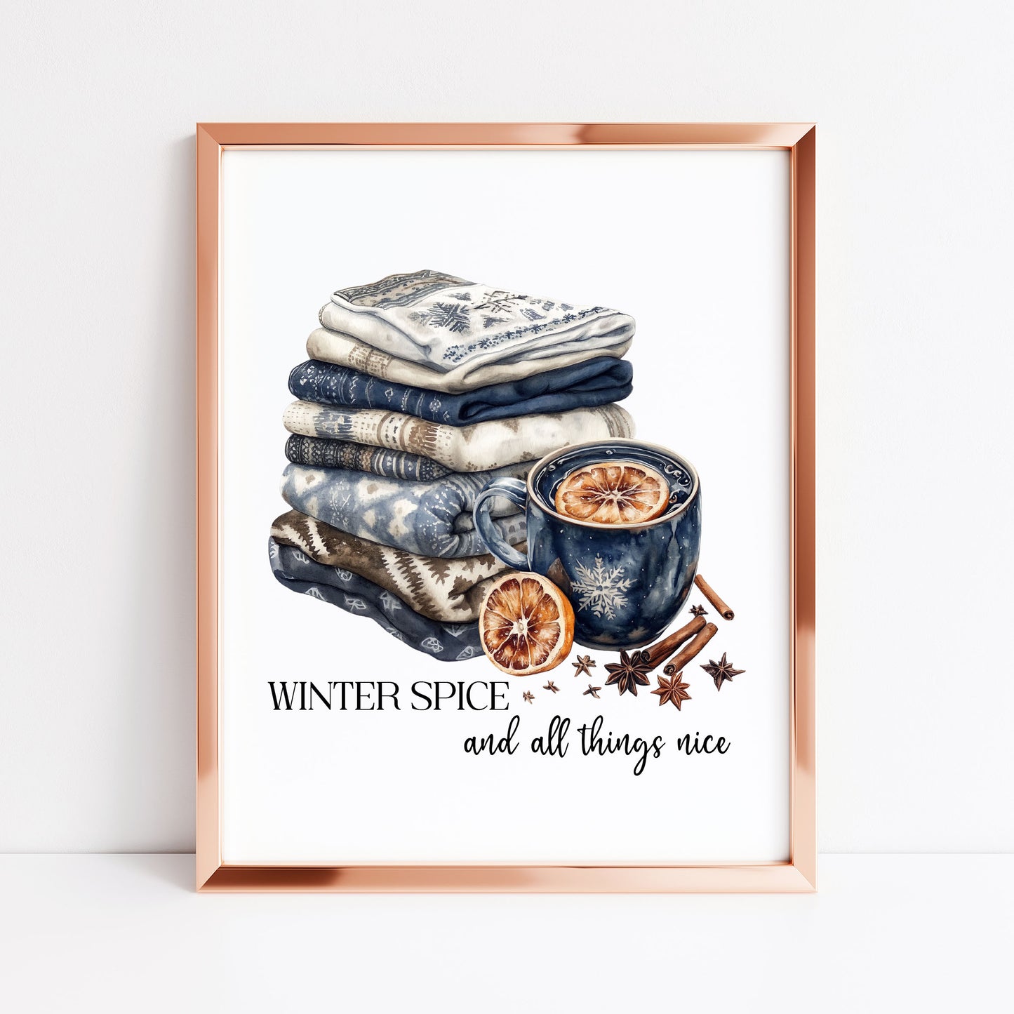 Winter spice art Christmas Blue cosy knit Watercolour seasonal unframed wall art poster print