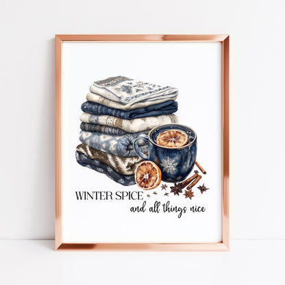 Winter spice art Christmas Blue cosy knit Watercolour seasonal unframed wall art poster print