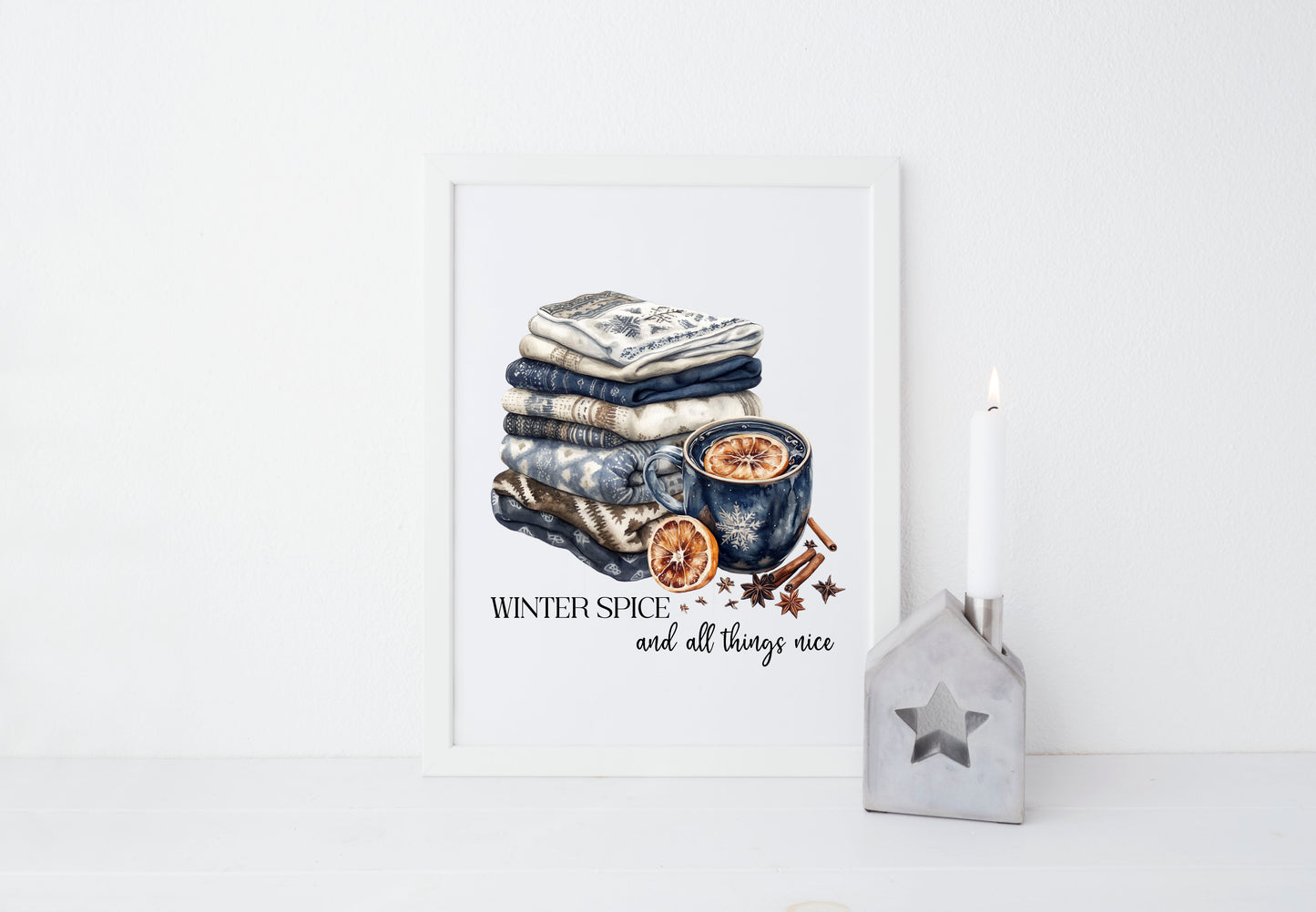 Winter spice art Christmas Blue cosy knit Watercolour seasonal unframed wall art poster print