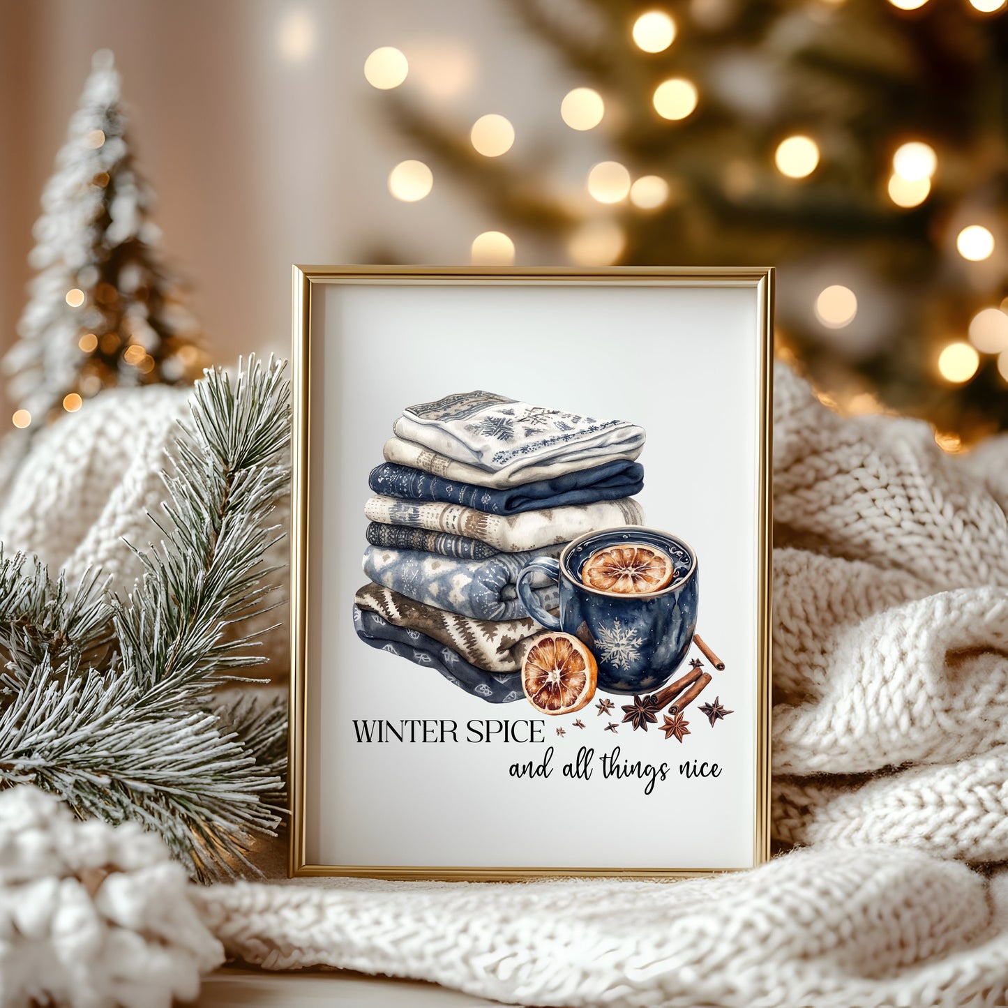 Winter spice art Christmas Blue cosy knit Watercolour seasonal unframed wall art poster print