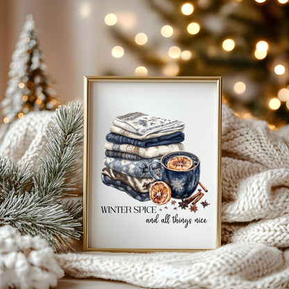 Winter spice art Christmas Blue cosy knit Watercolour seasonal unframed wall art poster print