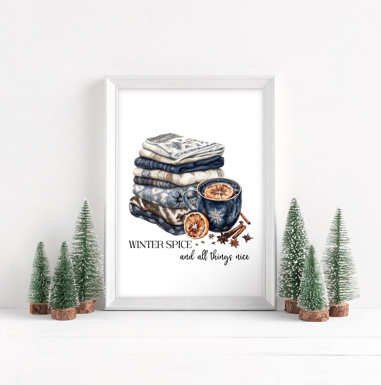 Winter spice art Christmas Blue cosy knit Watercolour seasonal unframed wall art poster print