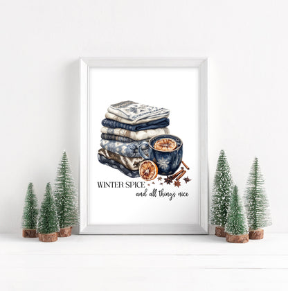 Winter spice art Christmas Blue cosy knit Watercolour seasonal unframed wall art poster print