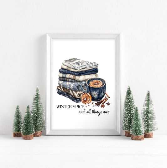 Winter spice art Christmas Blue cosy knit Watercolour seasonal unframed wall art poster print