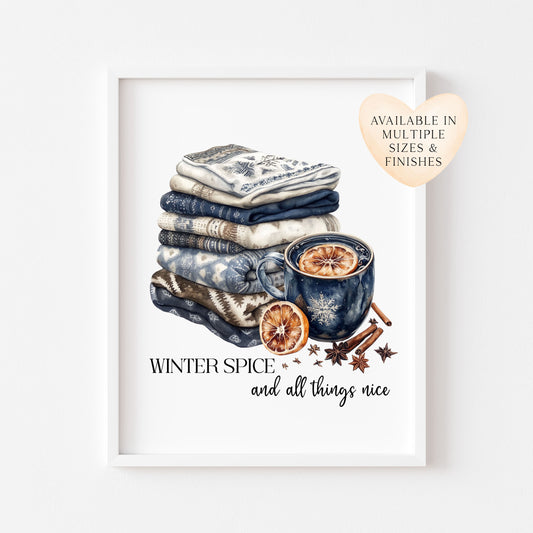 Winter spice art Christmas Blue cosy knit Watercolour seasonal unframed wall art poster print