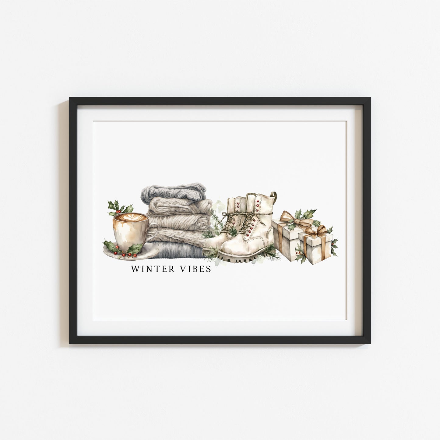 Christmas Print Winter Vibes blue green grey watercolour xmas Wall Art (unframed)