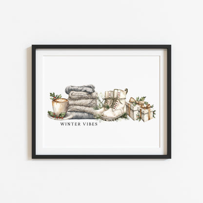 Christmas Print Winter Vibes blue green grey watercolour xmas Wall Art (unframed)