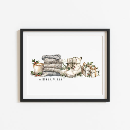 Christmas Print Winter Vibes blue green grey watercolour xmas Wall Art (unframed)