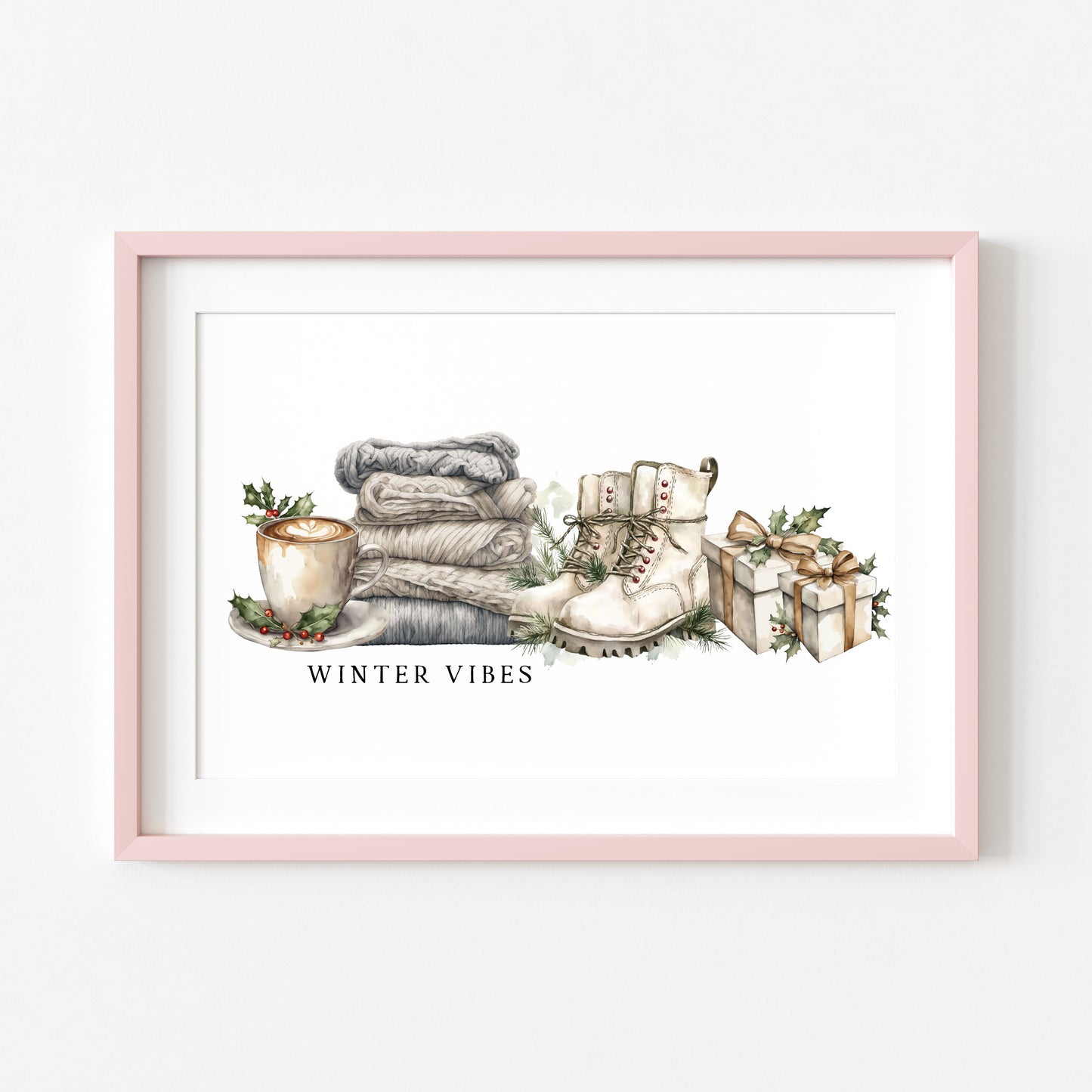 Christmas Print Winter Vibes blue green grey watercolour xmas Wall Art (unframed)