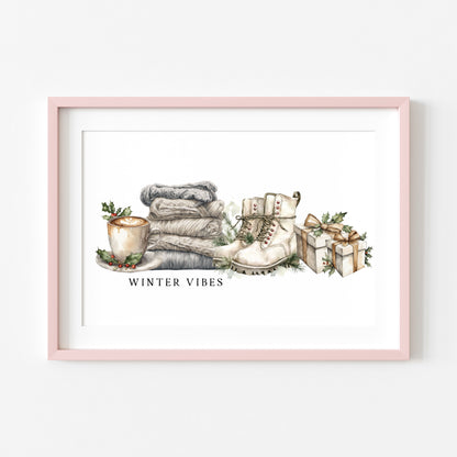 Christmas Print Winter Vibes blue green grey watercolour xmas Wall Art (unframed)