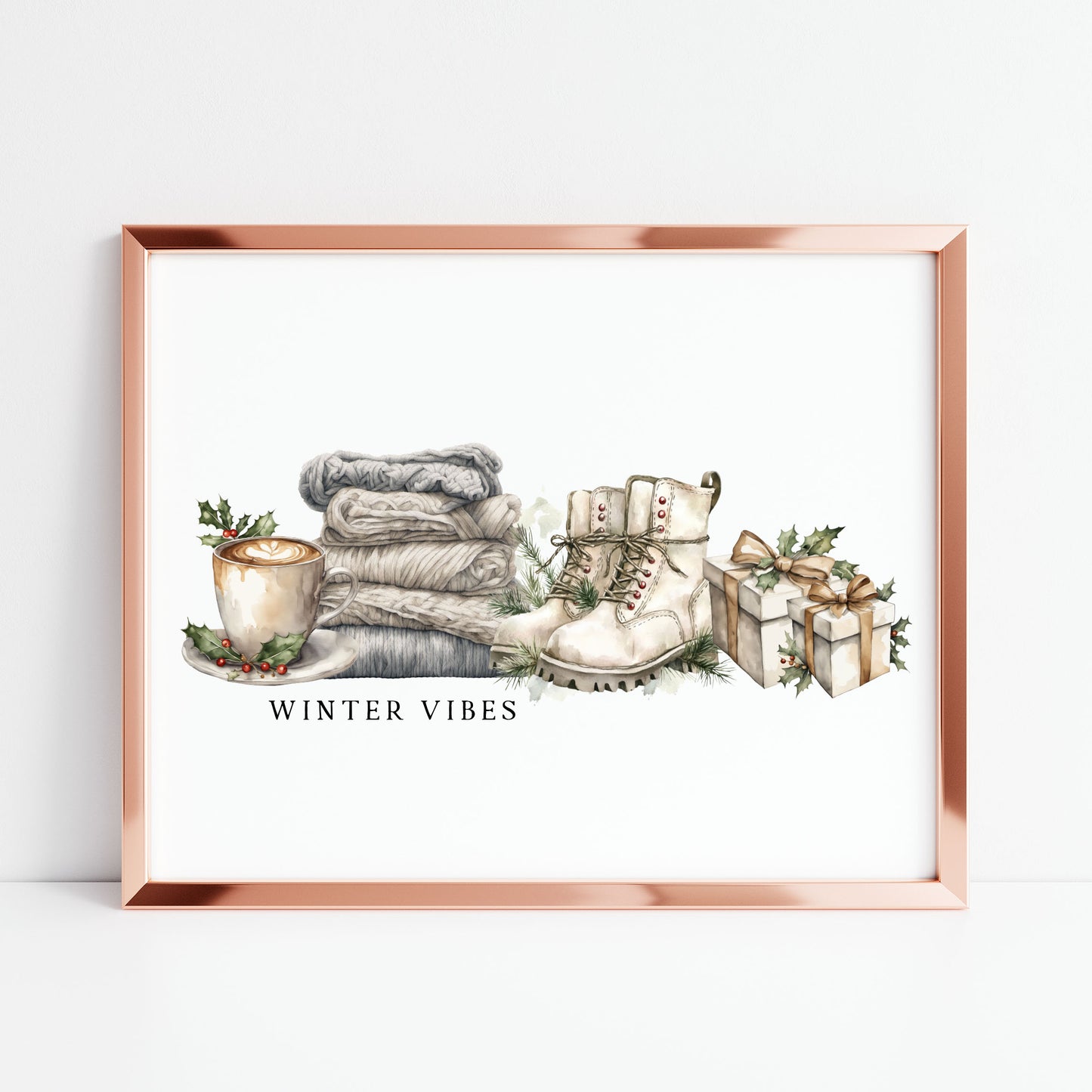 Christmas Print Winter Vibes blue green grey watercolour xmas Wall Art (unframed)
