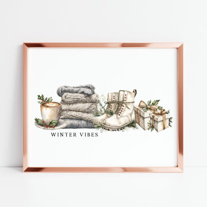 Christmas Print Winter Vibes blue green grey watercolour xmas Wall Art (unframed)