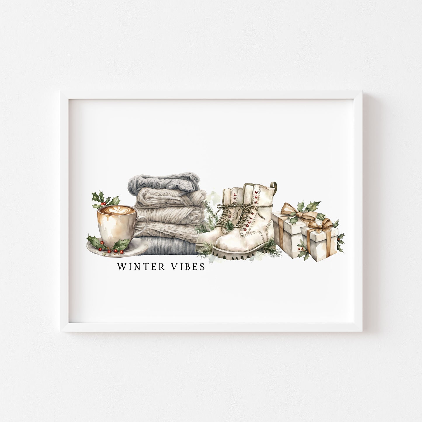 Christmas Print Winter Vibes blue green grey watercolour xmas Wall Art (unframed)
