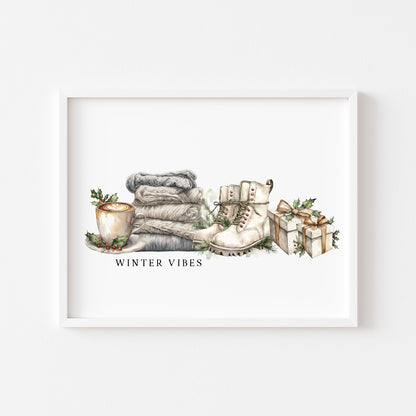 Christmas Print Winter Vibes blue green grey watercolour xmas Wall Art (unframed)