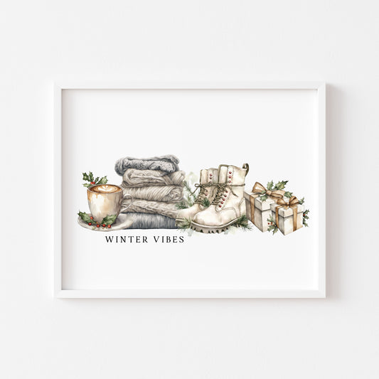 Christmas Print Winter Vibes blue green grey watercolour xmas Wall Art (unframed)