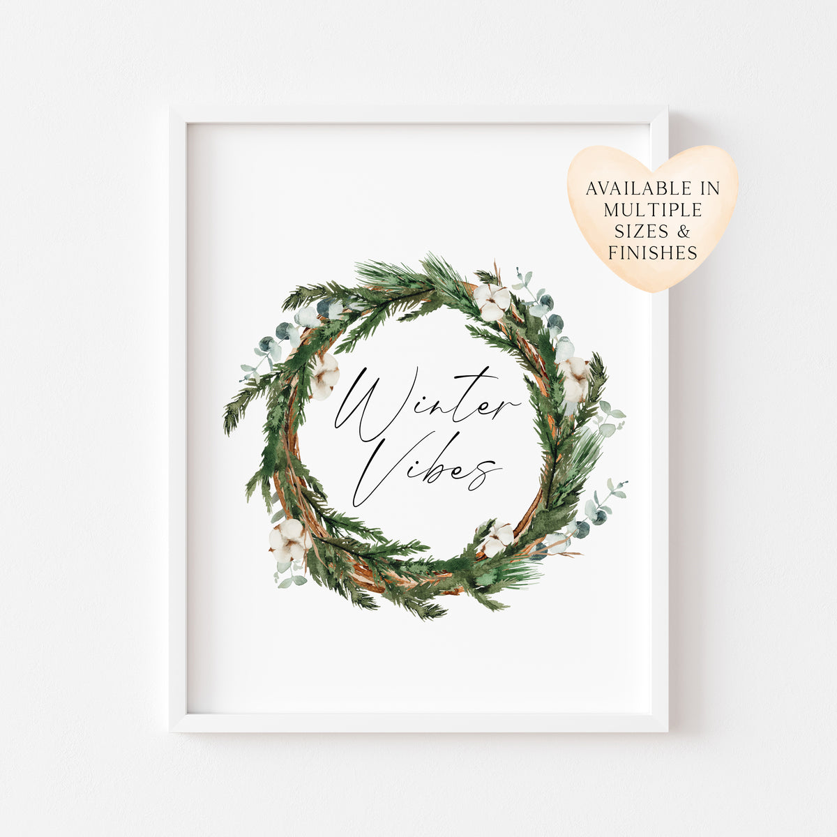 Winter Vibes Christmas watercolour eucalyptus cotton wreath seasonal unframed wall art poster print