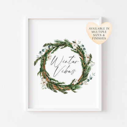 Winter Vibes Christmas watercolour eucalyptus cotton wreath seasonal unframed wall art poster print