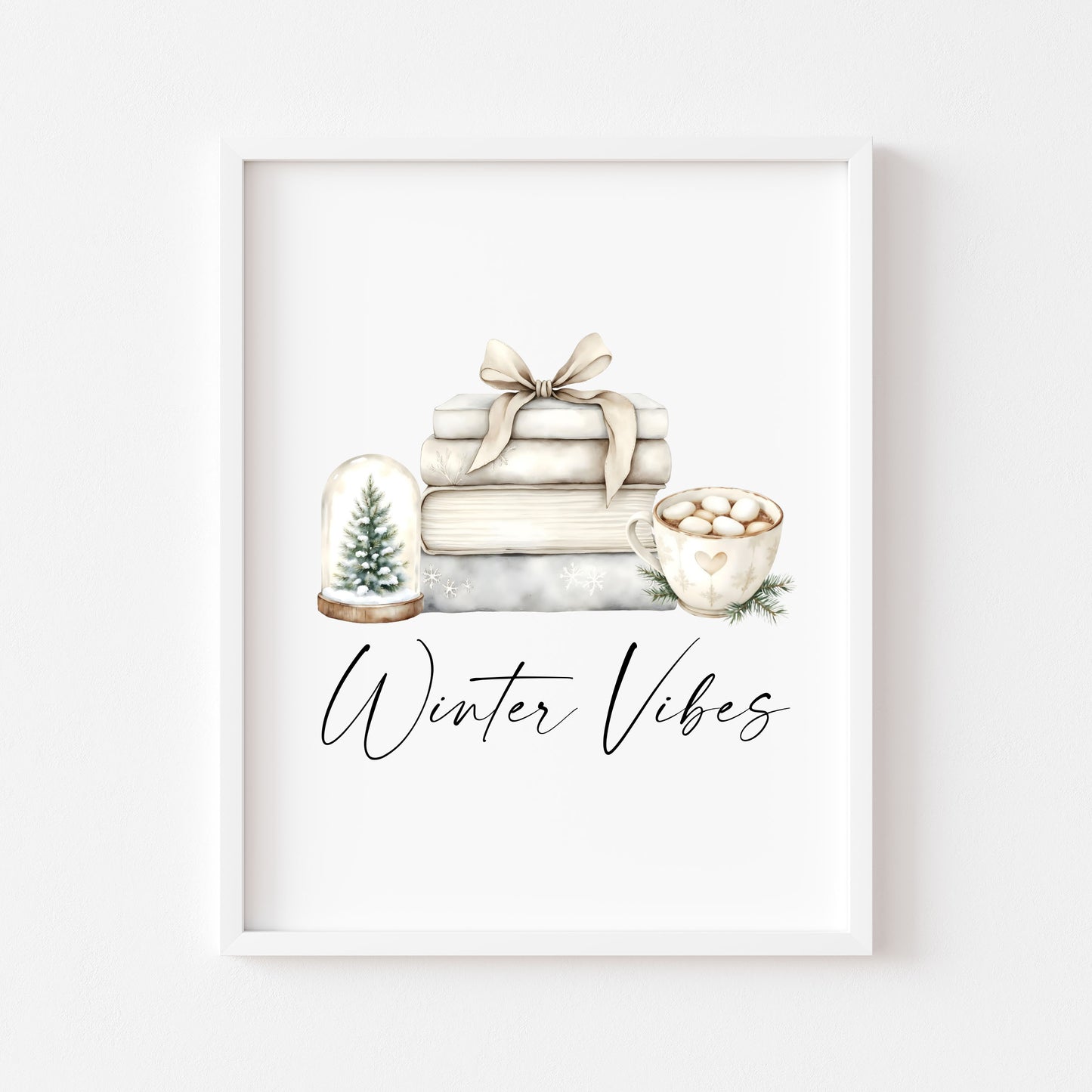 Christmas Print Watercolour beige & green Winter Vibes Holiday seasonal Wall Art (unframed)