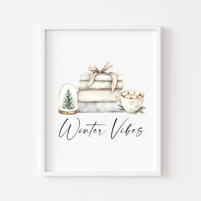 Christmas Print Watercolour beige & green Winter Vibes Holiday seasonal Wall Art (unframed)