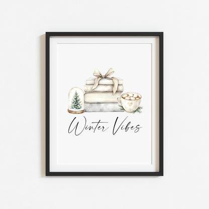 Christmas Print Watercolour beige & green Winter Vibes Holiday seasonal Wall Art (unframed)