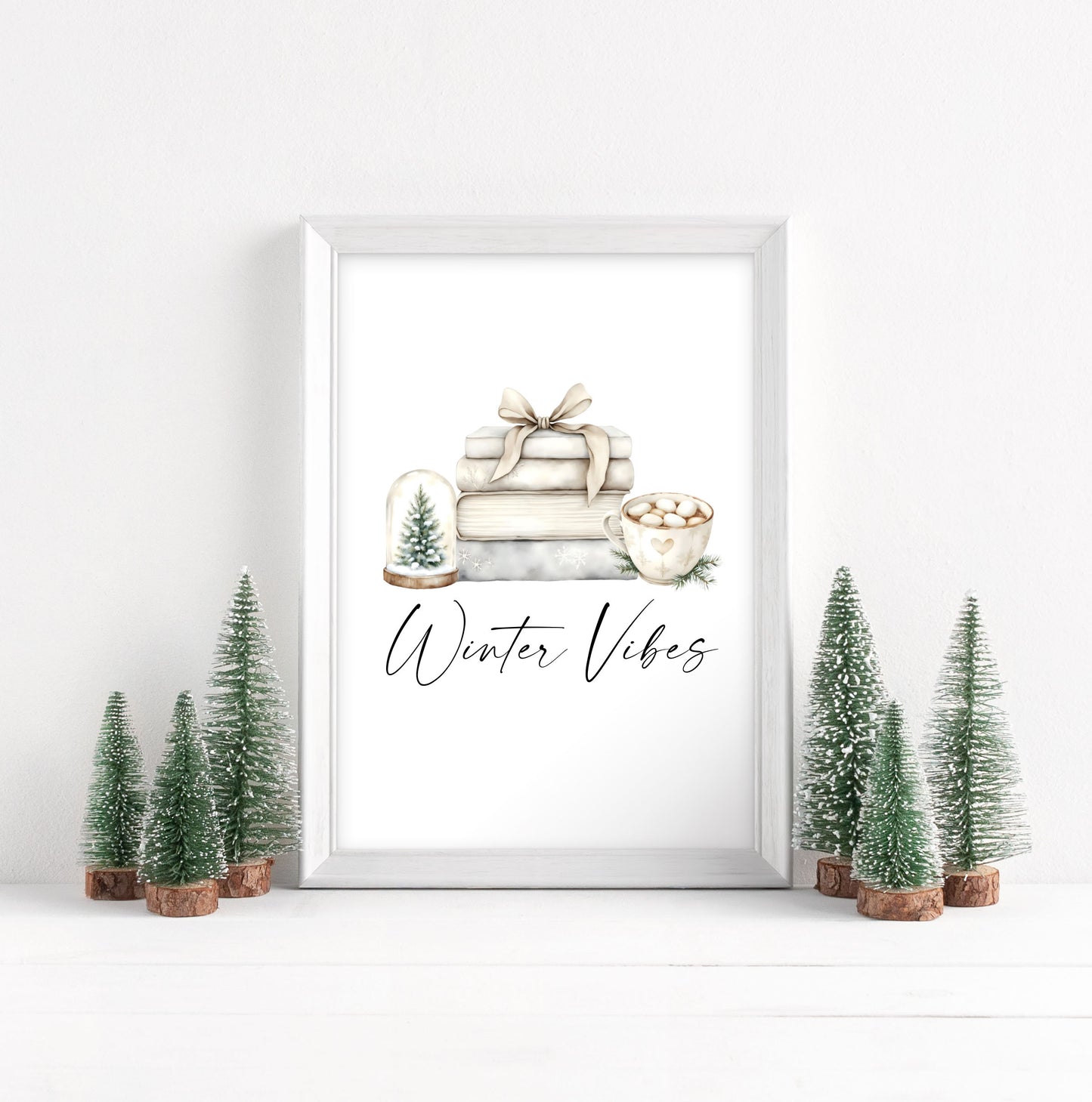 Christmas Print Watercolour beige & green Winter Vibes Holiday seasonal Wall Art (unframed)