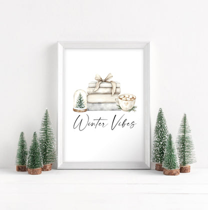 Christmas Print Watercolour beige & green Winter Vibes Holiday seasonal Wall Art (unframed)