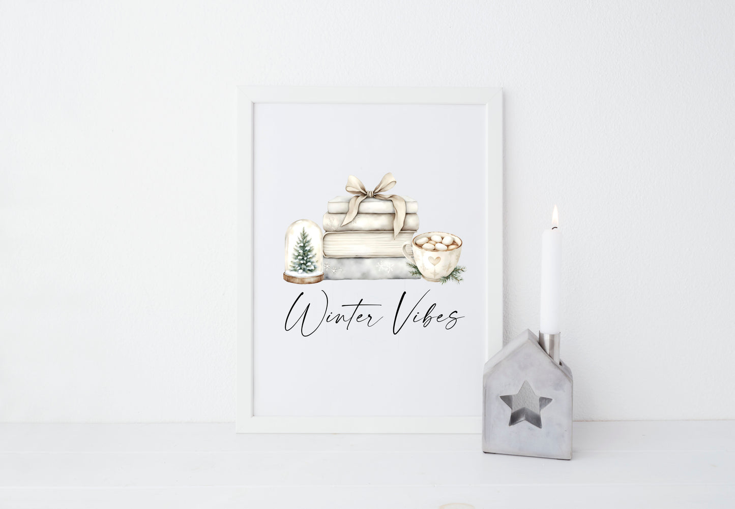Christmas Print Watercolour beige & green Winter Vibes Holiday seasonal Wall Art (unframed)